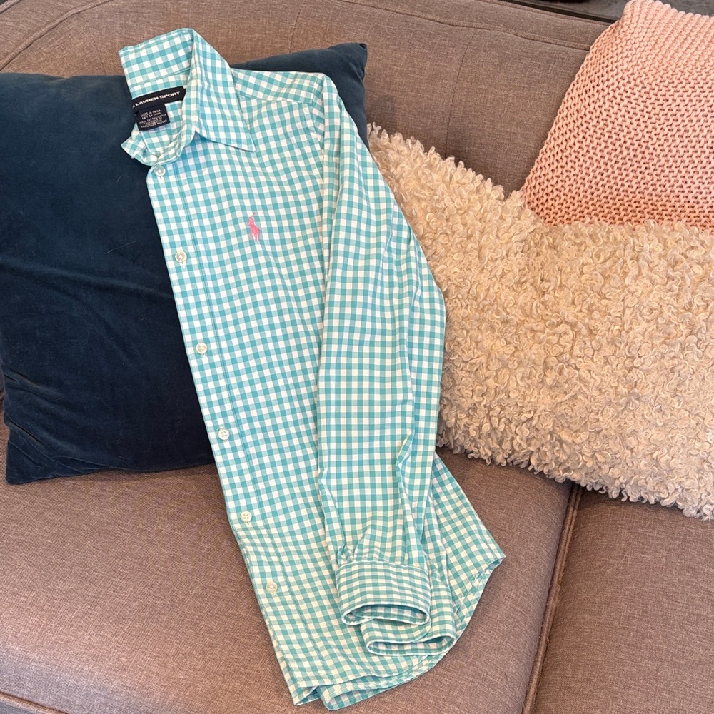 Ralph Lauren Sport Robin Egg Blue Gingham Button Down size 4
